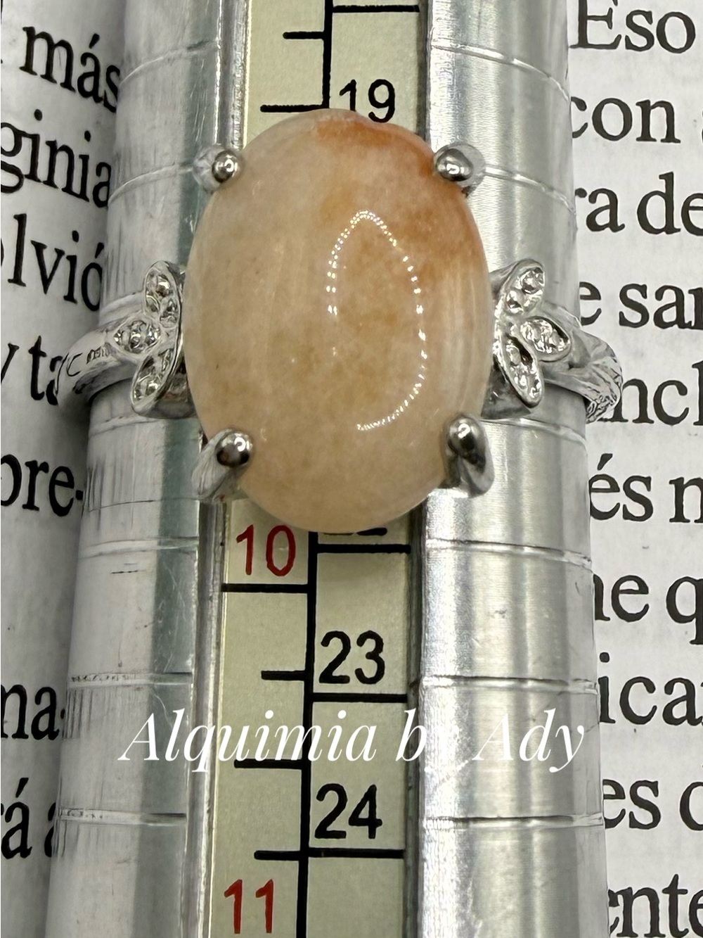 Peach Jade Oval Ring with Silver Accents